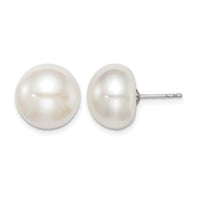 Sterling Silver Rh-plated 12-13mm White FWC Button Pearl Earrings
