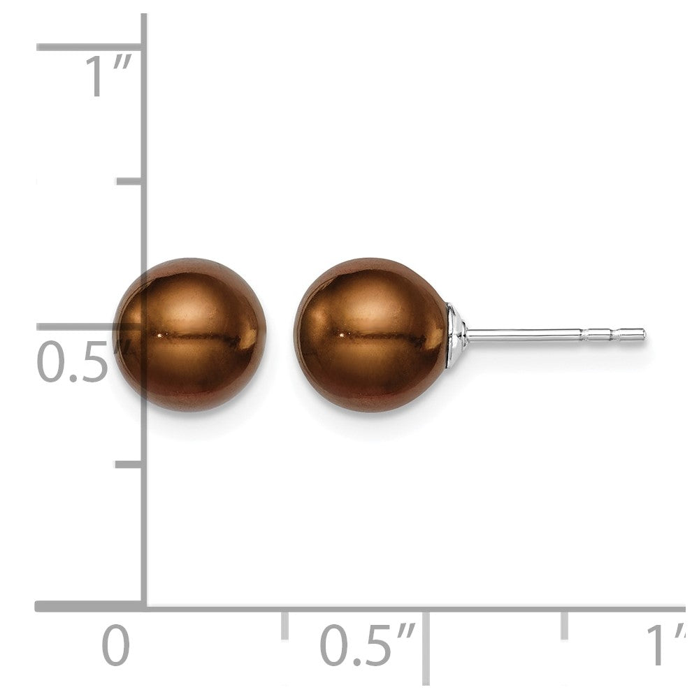 Sterling Silver Rh-plated 7-8mm Brown FW Cultured Round Pearl Stud Earring