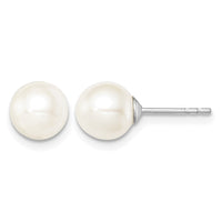 Sterling Silver Rh-plated 7-8mm White FW Cultured Round Pearl Stud Earrings