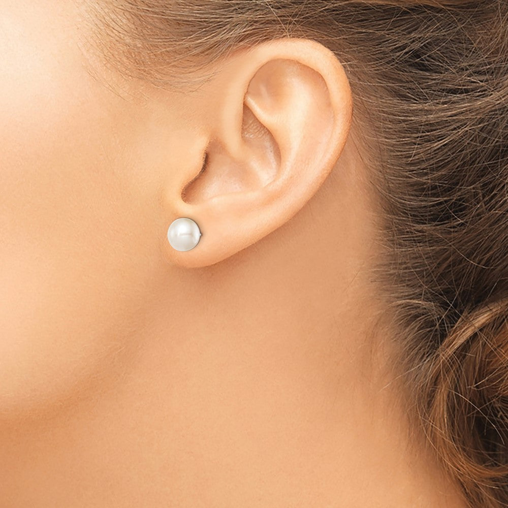 Sterling Silver Rh-plated 8-9mm White FW Cultured Round Pearl Stud Earrings