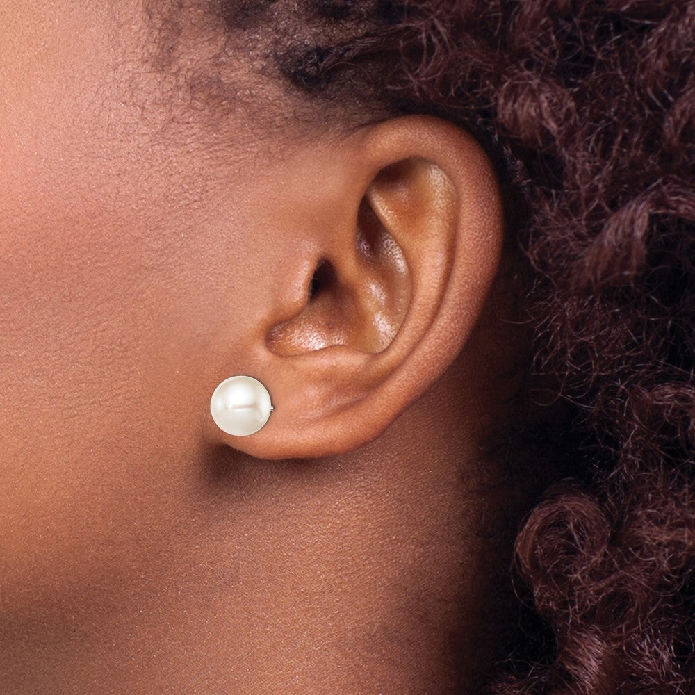 Sterling Silver Rh-plated 9-10mm White FW Cultured Round Pearl Stud Earring