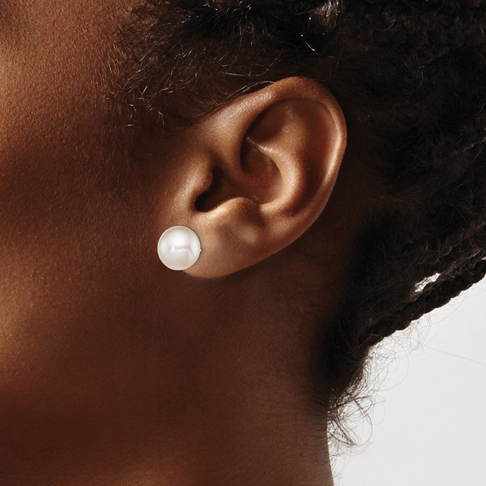 Sterling Silver Rh-plated 10-11mm White FWC Round Pearl Earrings