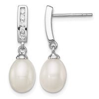 Sterling Silver Rhod-plated 8-9mm White FWC Pearl CZ Post Dangle Earrings