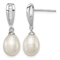 Sterling Silver Rhodium-plated 7-8mm White FWC Pearl CZ Dangle Earrings