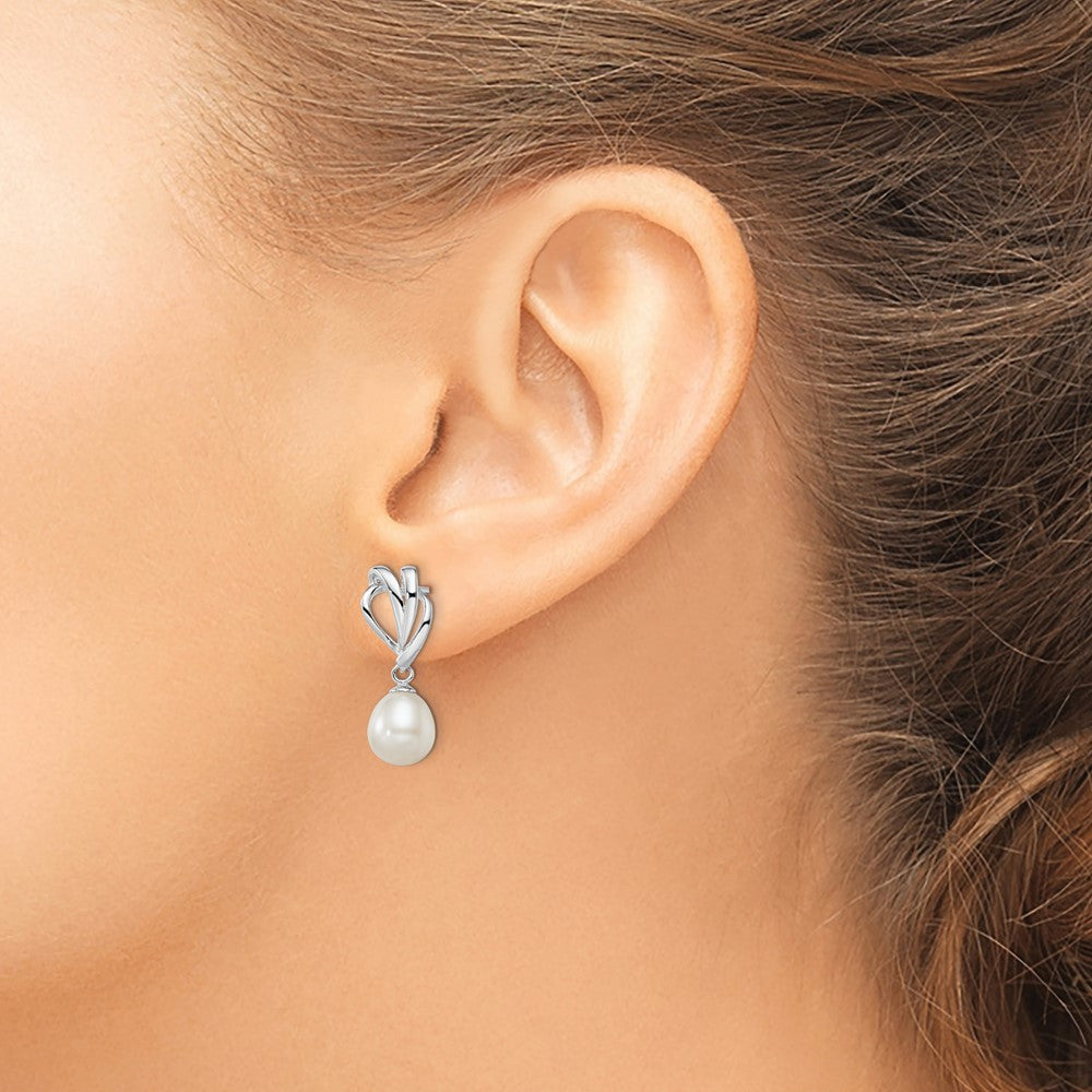 Sterling Silver Rhodium-plated 7-8mm White FWC Pearl Post Dangle Earrings