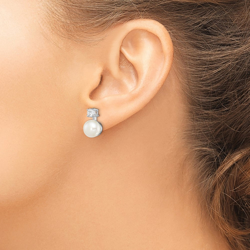 Sterling Silver Rhodium-plated 7-8mm White FWC Pearl CZ Post Earrings