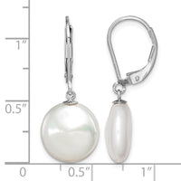 Sterling Silver RH-plated 12-13mm FWC Coin Pearl Leverback Earrings
