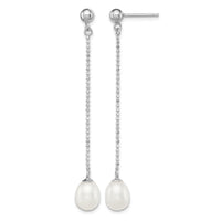 Sterling Silver Rhodium-plated 7-8mm White FWC Pearl Post Dangle Earrings
