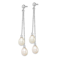 Sterling Silver Rhodium-plated 7-8mm White FWC Pearl Post Dangle Earrings