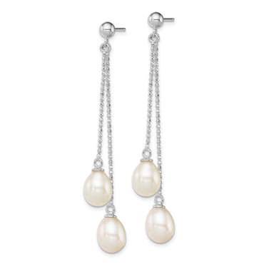 Sterling Silver Rhodium-plated 7-8mm White FWC Pearl Post Dangle Earrings