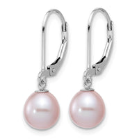 Sterling Silver Rhodium-plated 7-8mm Purple FWC Pearl Leverback Earrings