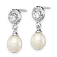 Sterling Silver Rhod-plated 7-8mm White FWC Pearl CZ Post Dangle Earrings
