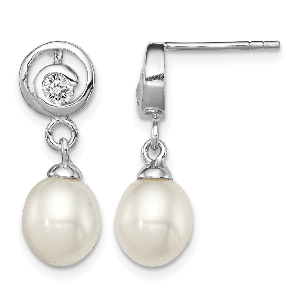 Sterling Silver Rhod-plated 7-8mm White FWC Pearl CZ Post Dangle Earrings