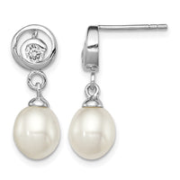 Sterling Silver Rhod-plated 7-8mm White FWC Pearl CZ Post Dangle Earrings