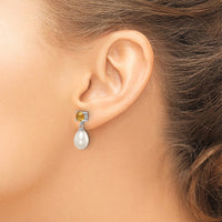 Sterling Silver RH Citrine 7-8mm FW Cultured Pearl Teardrop Earrings