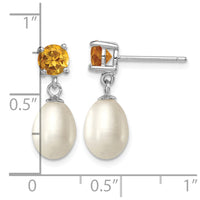 Sterling Silver RH Citrine 7-8mm FW Cultured Pearl Teardrop Earrings