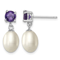 Sterling Silver RH Amethyst 7-8mm FW Cult Pearl Teardrop Earrings