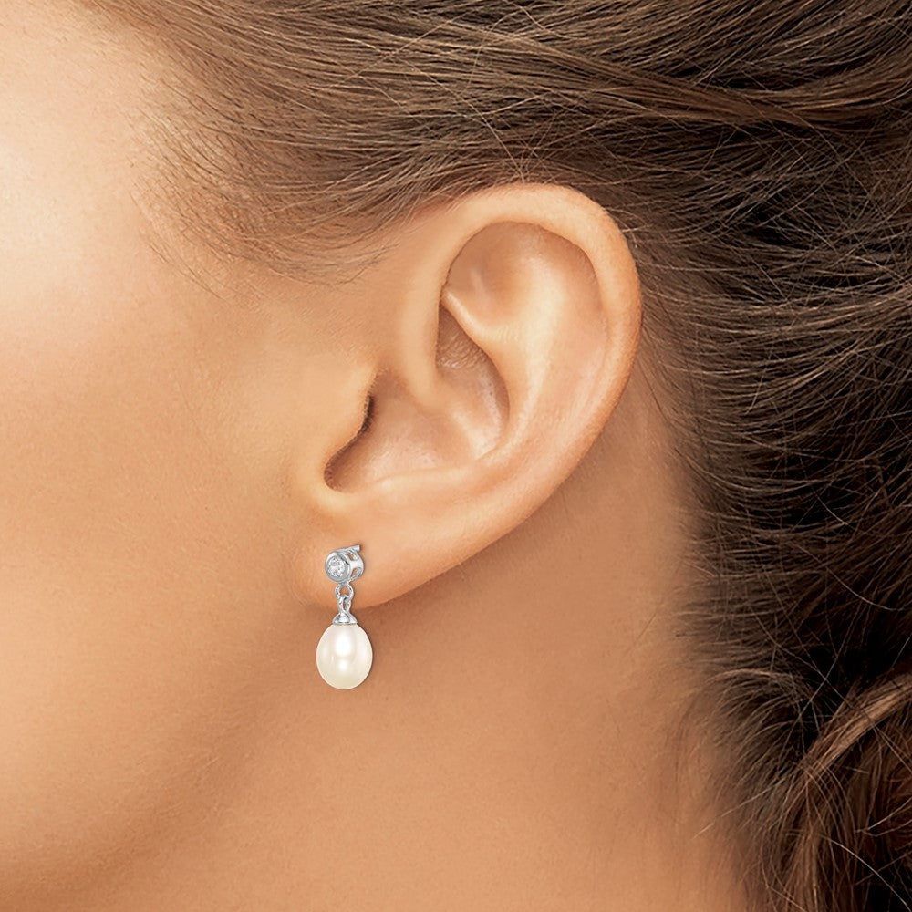 Sterling Silver Rh-plated 7-8mm White FWC Pearl CZ Dangle Earrings