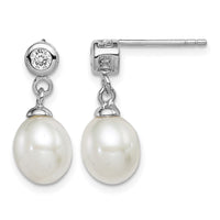 Sterling Silver Rh-plated 7-8mm White FWC Pearl CZ Dangle Earrings