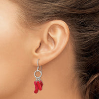 Sterling Silver Polished Red Coral & Circle Dangle Earrings