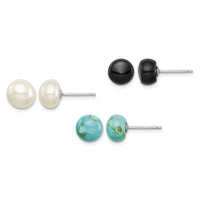 Sterling Silver RH-pltd 8-8.5mm Button FWC Pearl/Stab.Turq/Blk Agate Set