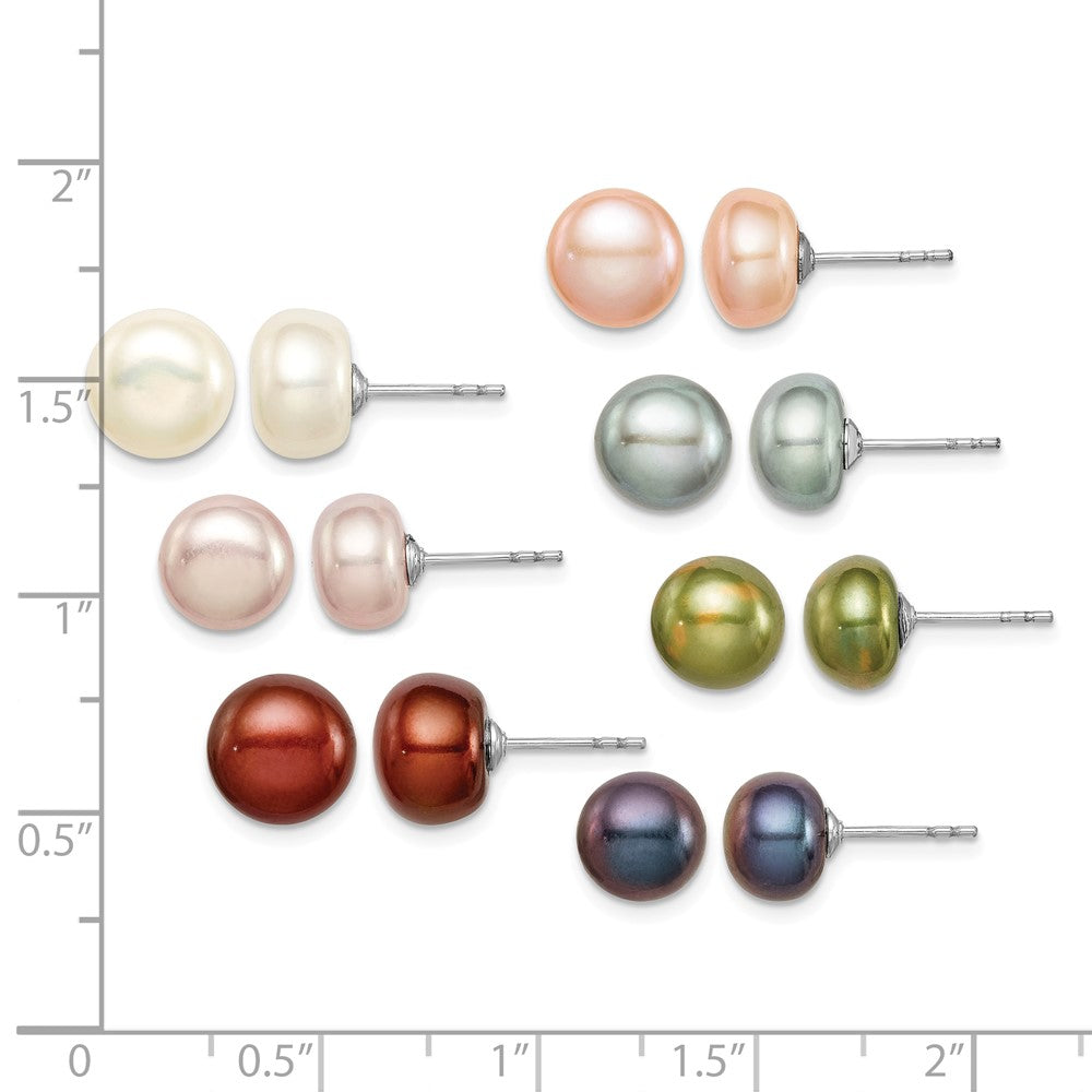 Sterling Silver Rhodium-plated 7 Pairs 8-9mm FWC Pearl Stud Ear Set