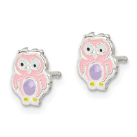 Sterling Silver Polished & Enameled Multi-color Owl Post Earrings