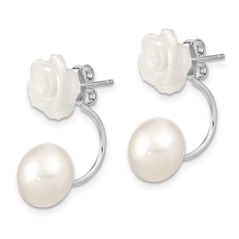 Sterling Silver Rhod-plated 8-9mm FWC Pearl/MOP Flower Front/Back Earrings