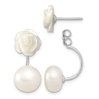 Sterling Silver Rhod-plated 8-9mm FWC Pearl/MOP Flower Front/Back Earrings