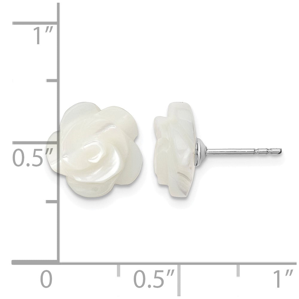 Sterling Silver Rh-plated 10mm White Mother of Pearl Flower Earrings