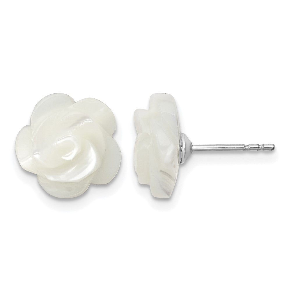 Sterling Silver Rh-plated 10mm White Mother of Pearl Flower Earrings
