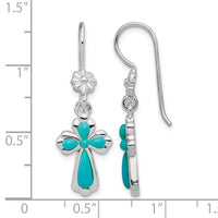 Sterling Silver RH-plated Imitation Turquoise Cross Dangle Earrings