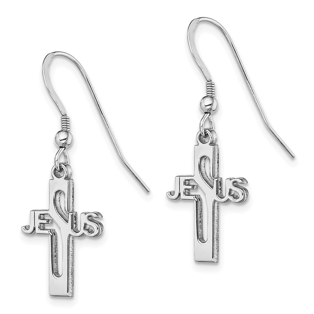 Sterling Silver Rhodium-plated Polished JESUS Cross Dangle Earrings