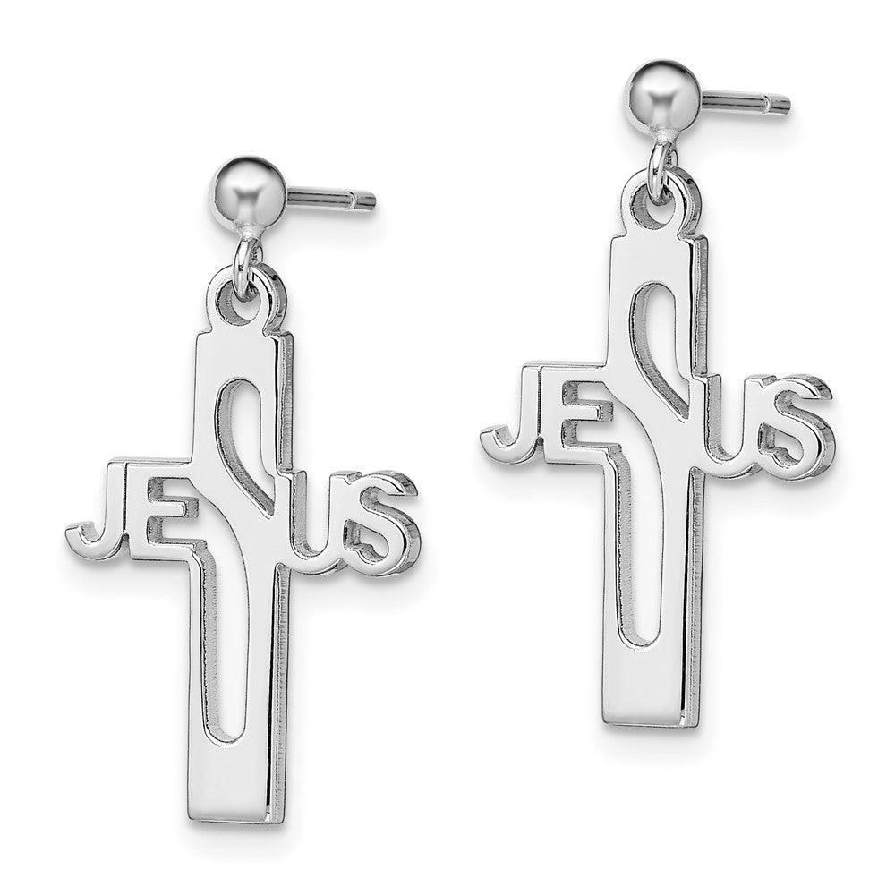 Sterling Silver Rhod-plated Polished JESUS Cross Post Dangle Earrings