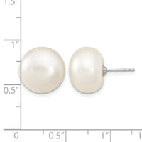 Sterling Silver RH 13-14mm White Button FWC Pearl Post Earrings