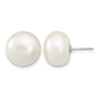Sterling Silver RH 13-14mm White Button FWC Pearl Post Earrings