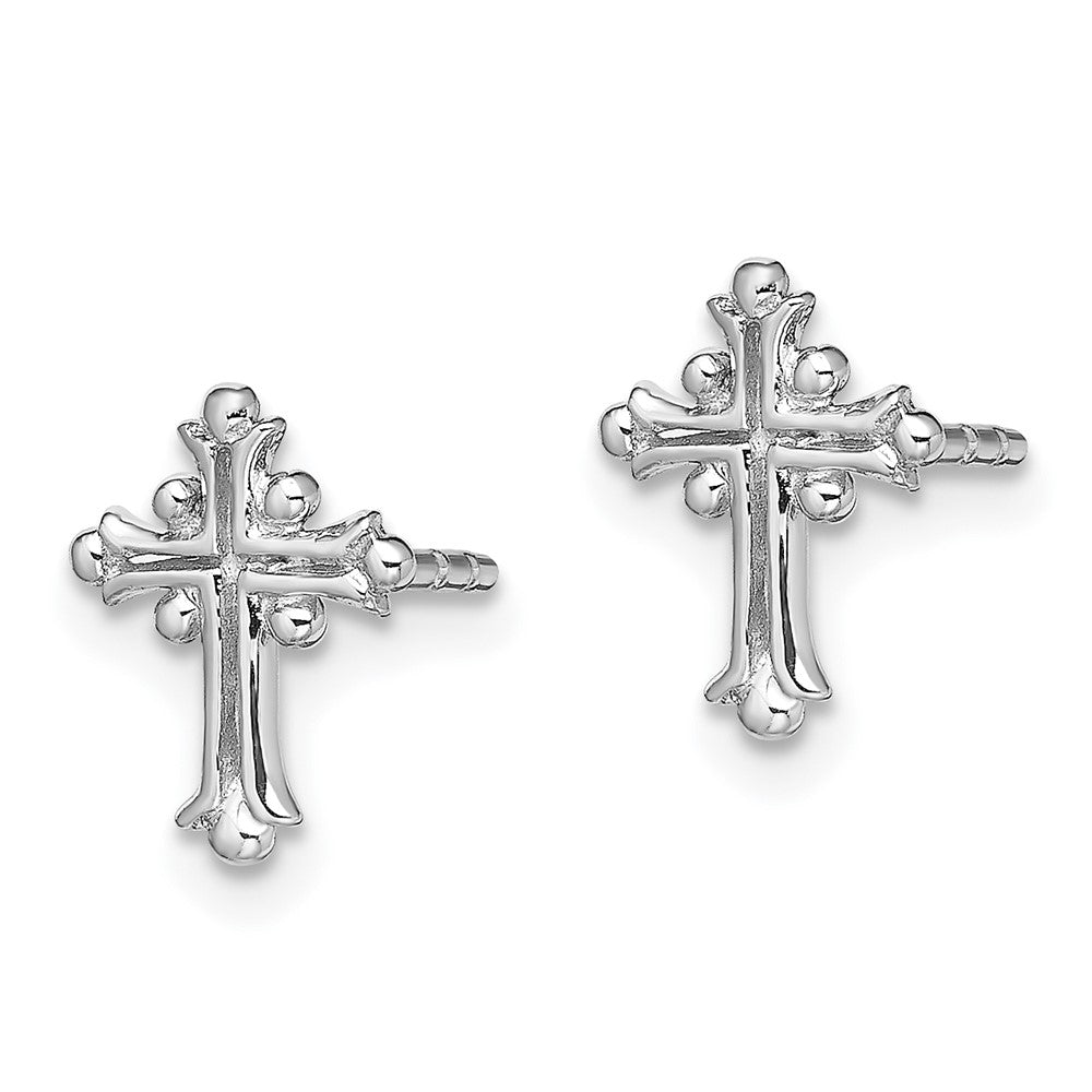 Sterling Silver RH-pltd Polished Textured Budded Cross Post Earrings