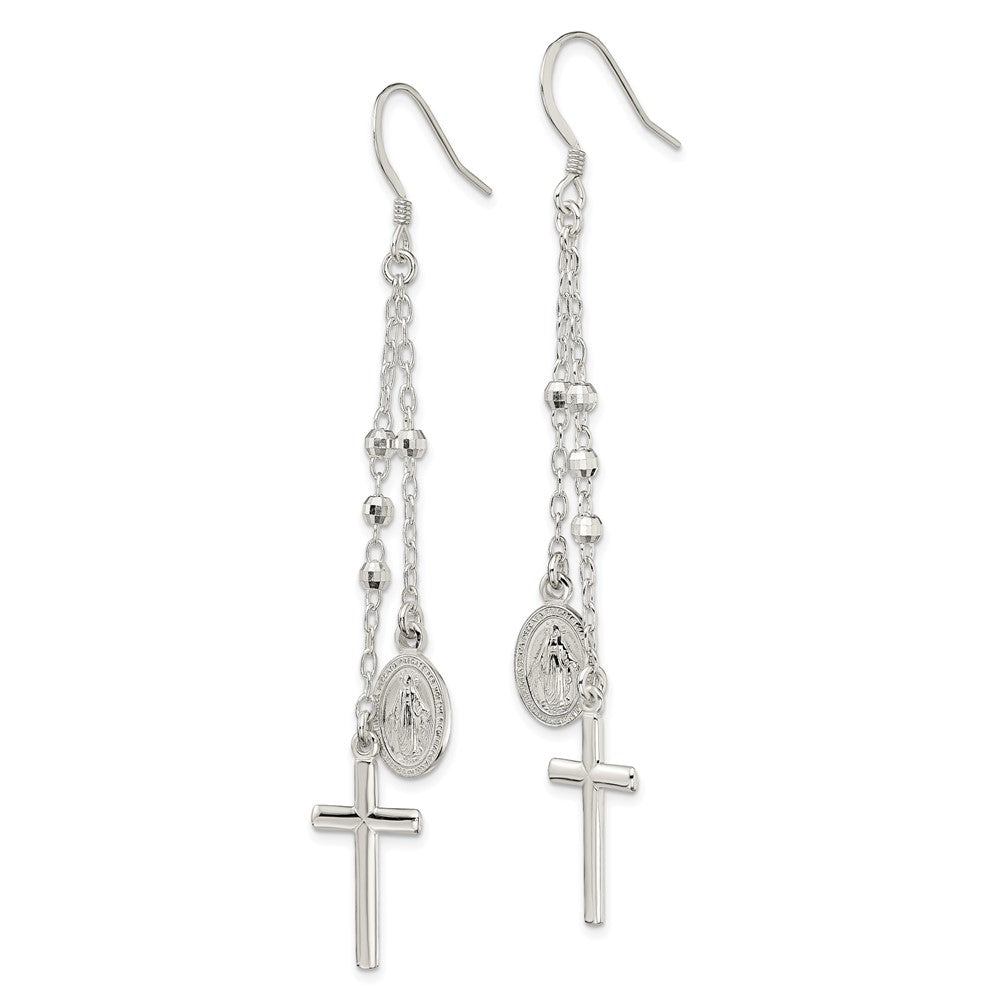 Sterling Silver Polished Miraculous Medal & Cross Dangle Earrings