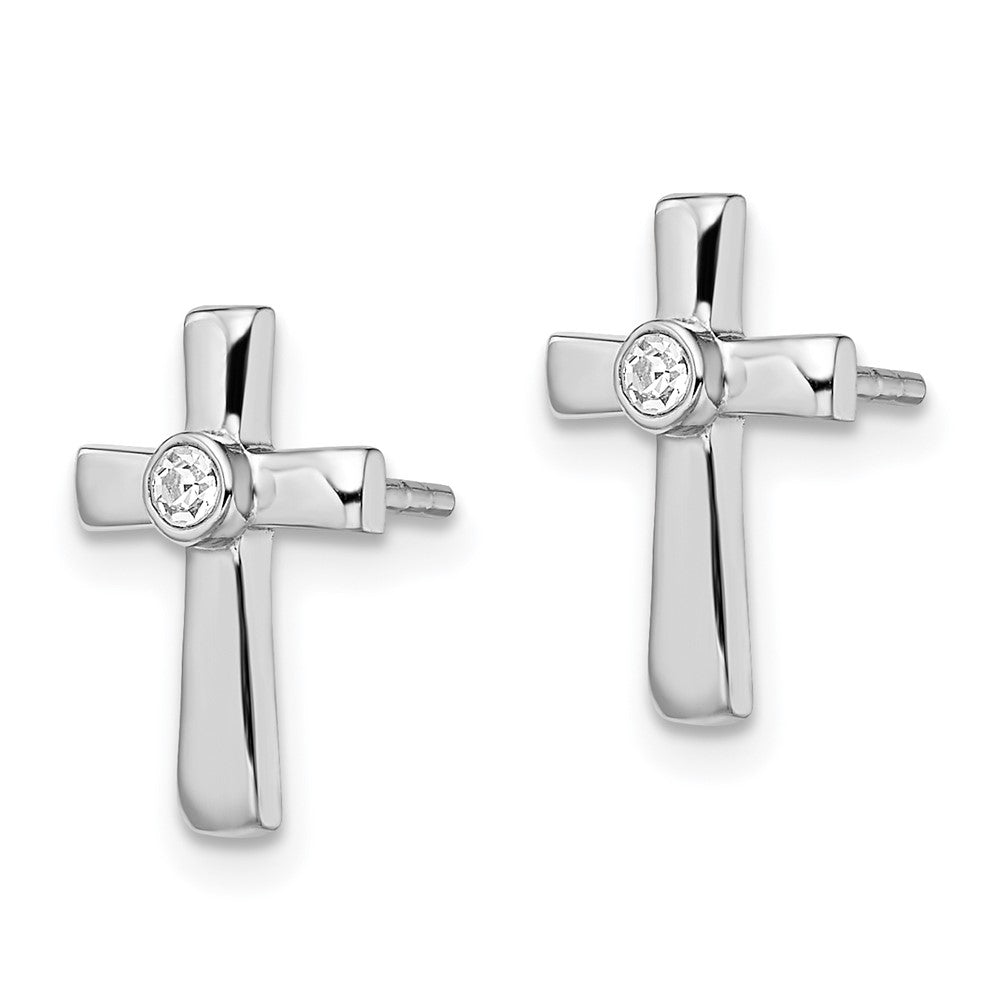Sterling Silver Rhodium-plated Polished CZ Cross Post Earrings