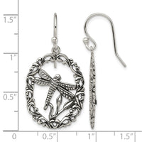 Sterling Silver Antiqued Dragonfly Dangle Shepherds Hook Earrings