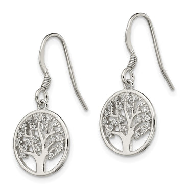 Sterling Silver Rhod-pltd CZ Tree of Life Dangle Shepherd Hook Earrings