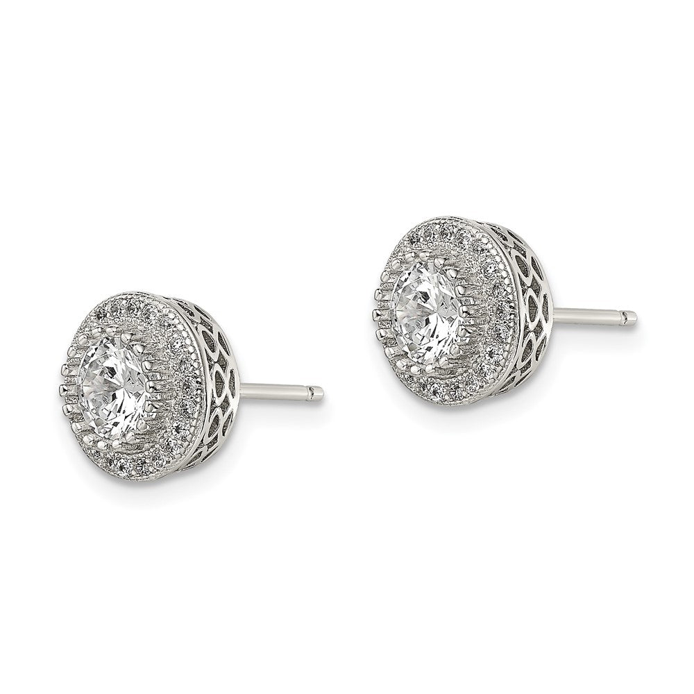Sterling Silver Rhod-plated Polished Pavé CZ Halo Round Post Earrings