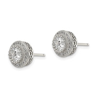 Sterling Silver Rhod-plated Polished Pavé CZ Halo Round Post Earrings