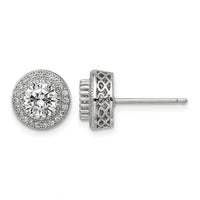 Sterling Silver Rhod-plated Polished Pavé CZ Halo Round Post Earrings