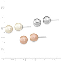 Sterling Silver Rh-pl 10-11mm Wht/Pink Imitation Shell Pearl 3 Earring Set