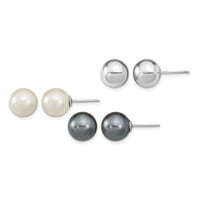 Sterling Silver RH-pl 10-11mm Wht/Grey Imitation Shell Pearl 3 Earring Set