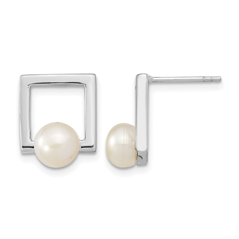 Sterling Silver Rhodium-plated 6-7mm Button FWC Pearl Square Post Earrings