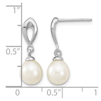 Sterling Silver Rhodium-plated 7-8mm White FWC Pearl Post Dangle Earrings