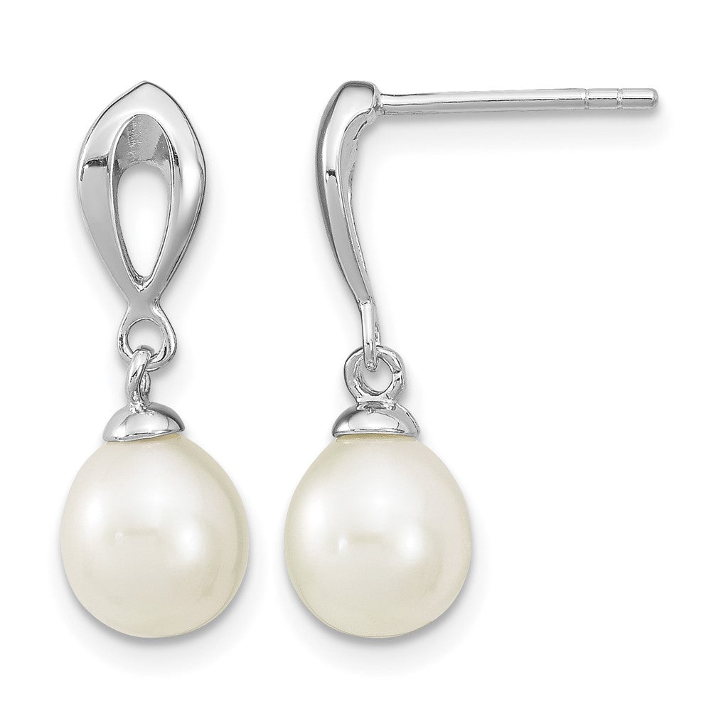 Sterling Silver Rhodium-plated 7-8mm White FWC Pearl Post Dangle Earrings