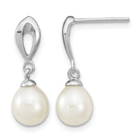 Sterling Silver Rhodium-plated 7-8mm White FWC Pearl Post Dangle Earrings